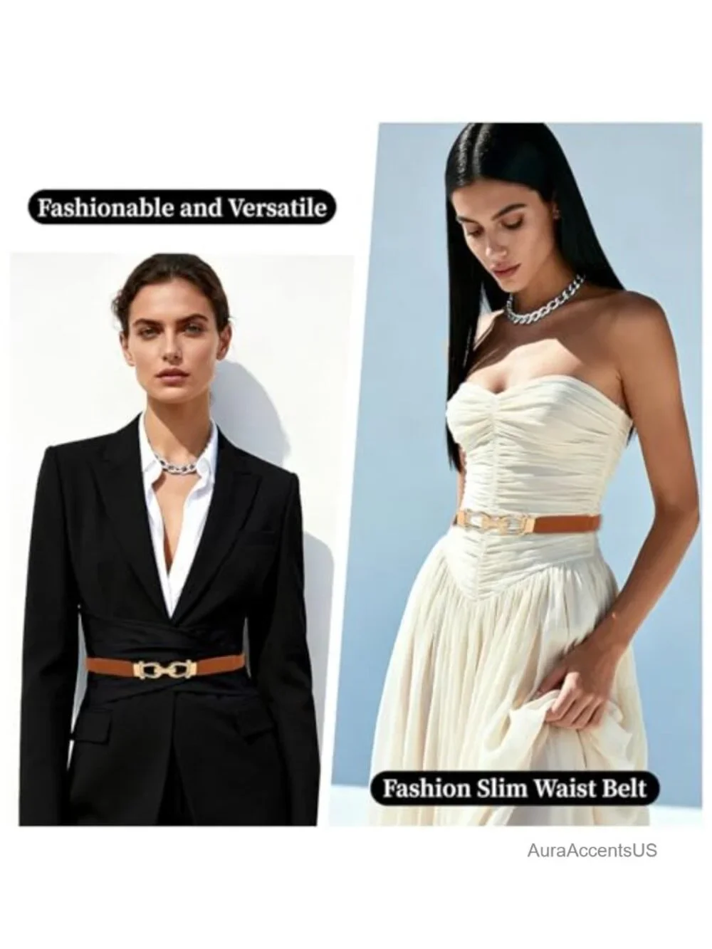 Stretchy Thin Waist Belt, Retro Elastic Skinny Belt with Gold Buckle for